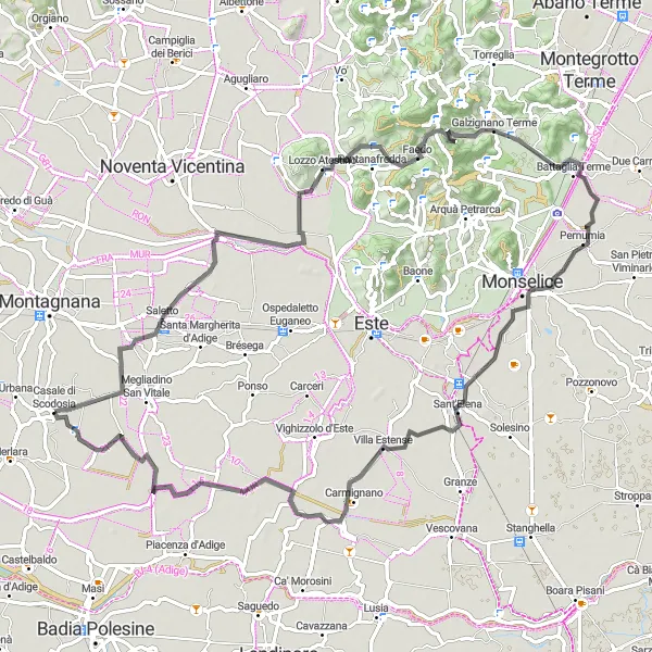 Zemljevid v pomanjšavi "Kolesarska pot okoli Casale di Scodosia" kolesarske inspiracije v Veneto, Italy. Generirano z načrtovalcem kolesarskih poti Tarmacs.app