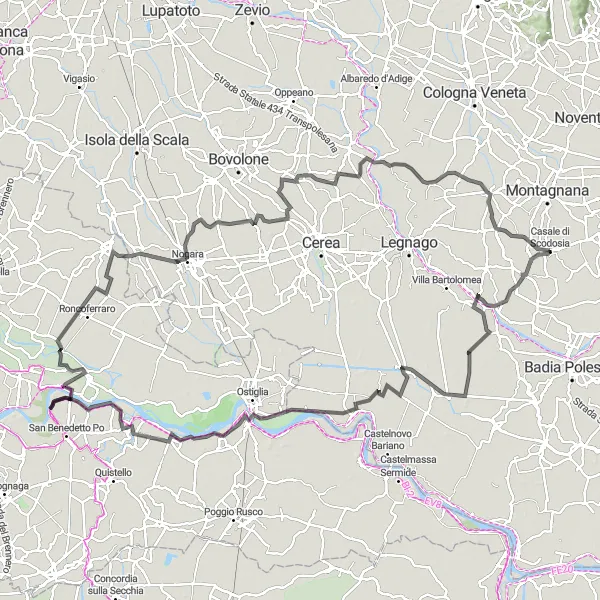 Kartminiatyr av "Lang landevei sykkeltur rundt Casale di Scodosia" sykkelinspirasjon i Veneto, Italy. Generert av Tarmacs.app sykkelrutoplanlegger