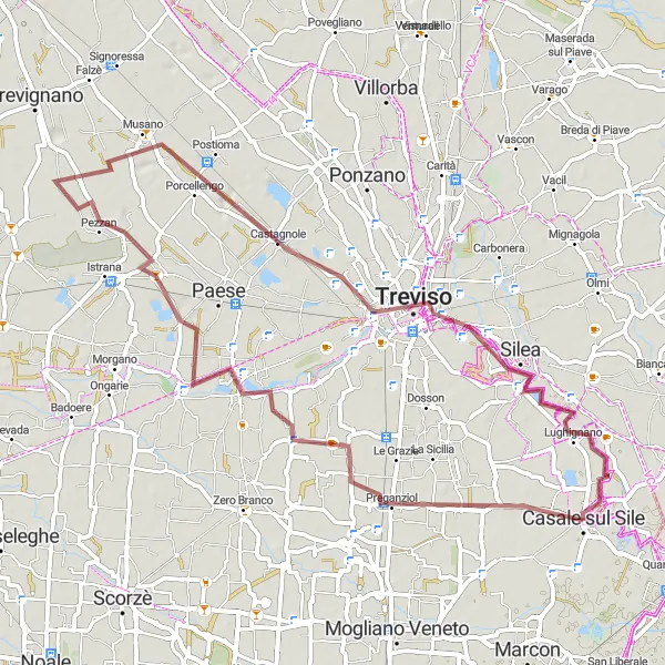 Miniatura mapy "Gira Gravel Sile e Musano" - trasy rowerowej w Veneto, Italy. Wygenerowane przez planer tras rowerowych Tarmacs.app