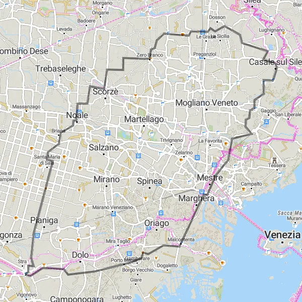 Mapa miniatúra "Jazda na bicykli okolo Casale sul Sile" cyklistická inšpirácia v Veneto, Italy. Vygenerované cyklistickým plánovačom trás Tarmacs.app