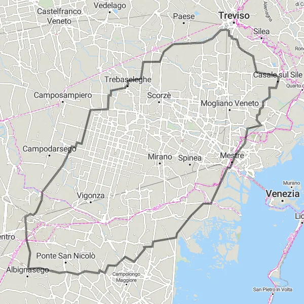 Karttaminiaatyyri "Marcon - Padua Circular Cycling Route" pyöräilyinspiraatiosta alueella Veneto, Italy. Luotu Tarmacs.app pyöräilyreittisuunnittelijalla