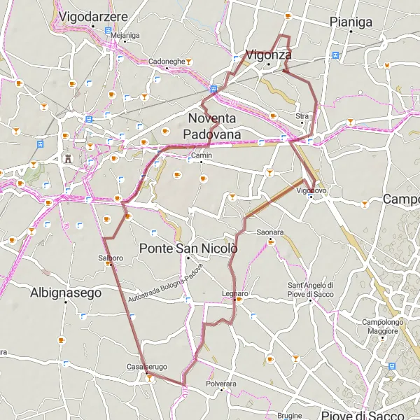 Mapa miniatúra "Trasa cez Noventa Padovana" cyklistická inšpirácia v Veneto, Italy. Vygenerované cyklistickým plánovačom trás Tarmacs.app