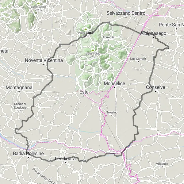 Mapa miniatúra "Trasa cez Tribano a Monte Rosso" cyklistická inšpirácia v Veneto, Italy. Vygenerované cyklistickým plánovačom trás Tarmacs.app