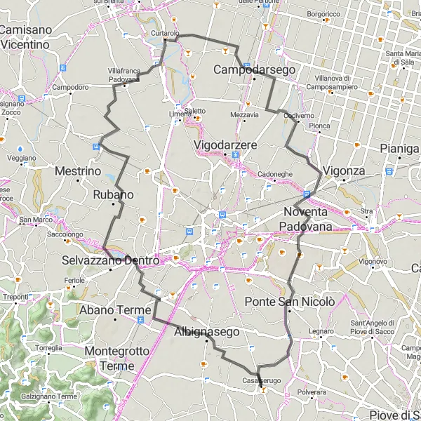 Miniatua del mapa de inspiración ciclista "Ruta de ciclismo por carretera de 75 km cerca de Casalserugo" en Veneto, Italy. Generado por Tarmacs.app planificador de rutas ciclistas