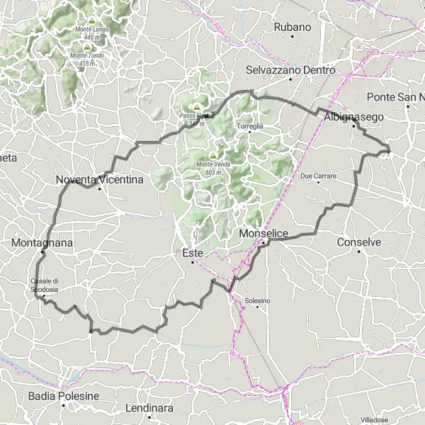 Miniatua del mapa de inspiración ciclista "Ruta de ciclismo por carretera de 115 km cerca de Casalserugo" en Veneto, Italy. Generado por Tarmacs.app planificador de rutas ciclistas