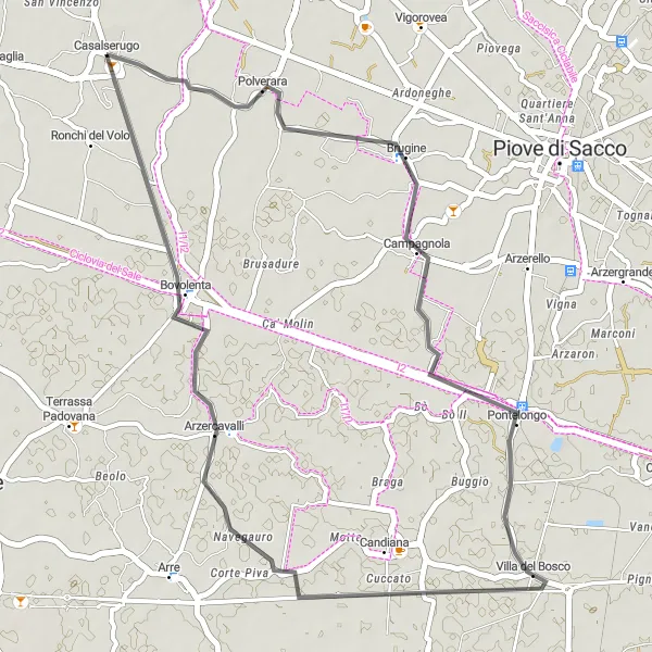Miniatua del mapa de inspiración ciclista "Ruta de ciclismo por carretera de 38 km cerca de Casalserugo" en Veneto, Italy. Generado por Tarmacs.app planificador de rutas ciclistas