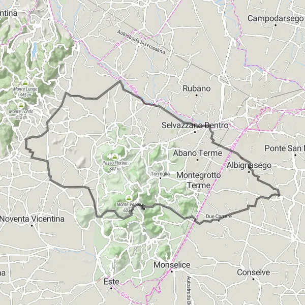 Miniaturní mapa "Cyklotrasa kolem Casalserugo" inspirace pro cyklisty v oblasti Veneto, Italy. Vytvořeno pomocí plánovače tras Tarmacs.app
