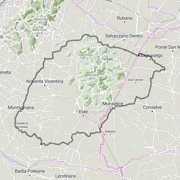 Mapa miniatúra "Horská výzva s výletom do Casale di Scodosia" cyklistická inšpirácia v Veneto, Italy. Vygenerované cyklistickým plánovačom trás Tarmacs.app