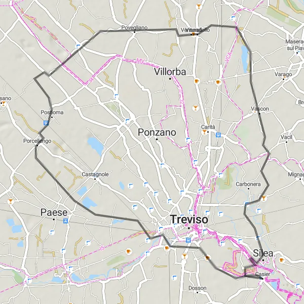 Map miniature of "Casier and Surrounding Villages" cycling inspiration in Veneto, Italy. Generated by Tarmacs.app cycling route planner