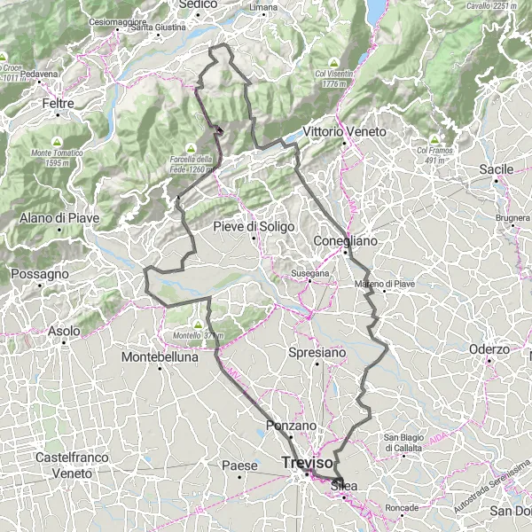 Miniatura della mappa di ispirazione al ciclismo "Avventurosa escursione tra Treviso e Breda di Piave" nella regione di Veneto, Italy. Generata da Tarmacs.app, pianificatore di rotte ciclistiche