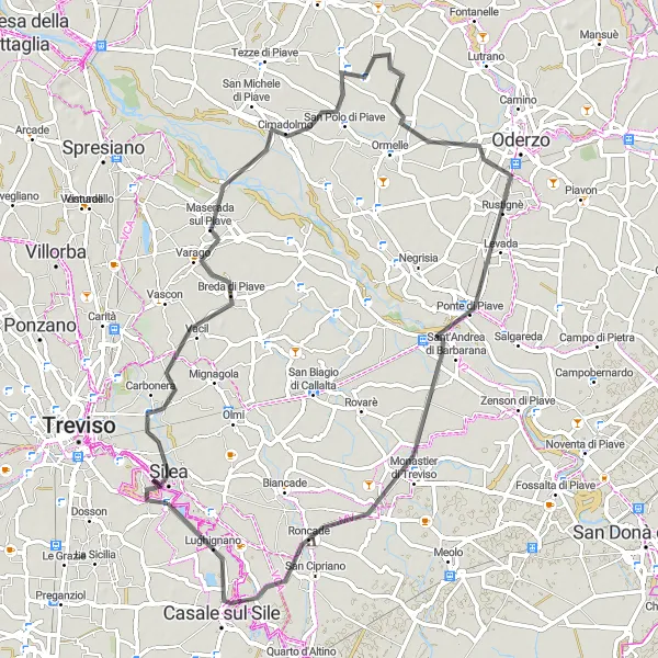 Miniaturní mapa "Okruh od Casieru" inspirace pro cyklisty v oblasti Veneto, Italy. Vytvořeno pomocí plánovače tras Tarmacs.app