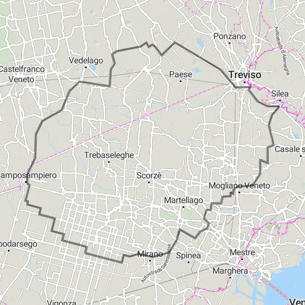 Miniatura della mappa di ispirazione al ciclismo "Avventuroso itinerario ciclistico da Mogliano Veneto a Treviso" nella regione di Veneto, Italy. Generata da Tarmacs.app, pianificatore di rotte ciclistiche