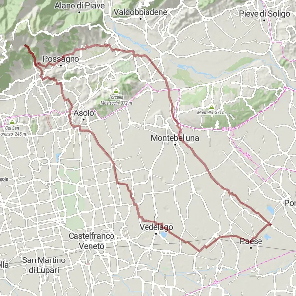 Mapa miniatúra "Gravelová dobrodružná cesta cez Altivole a Possagno" cyklistická inšpirácia v Veneto, Italy. Vygenerované cyklistickým plánovačom trás Tarmacs.app