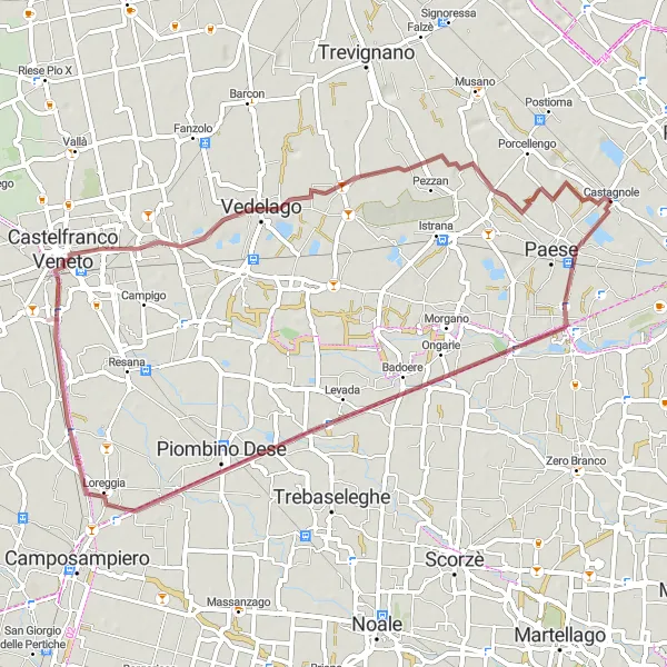 Mapa miniatúra "Trasa okolo Castagnole" cyklistická inšpirácia v Veneto, Italy. Vygenerované cyklistickým plánovačom trás Tarmacs.app