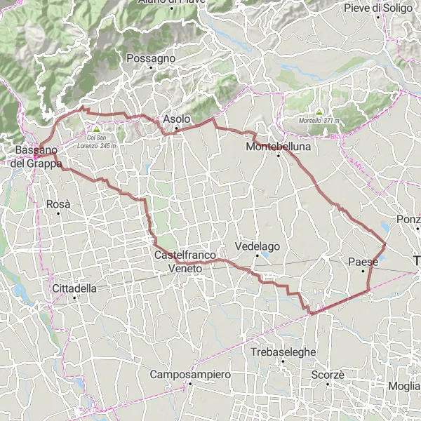 Miniatura della mappa di ispirazione al ciclismo "Giro in gravel da Badoere a Musano" nella regione di Veneto, Italy. Generata da Tarmacs.app, pianificatore di rotte ciclistiche