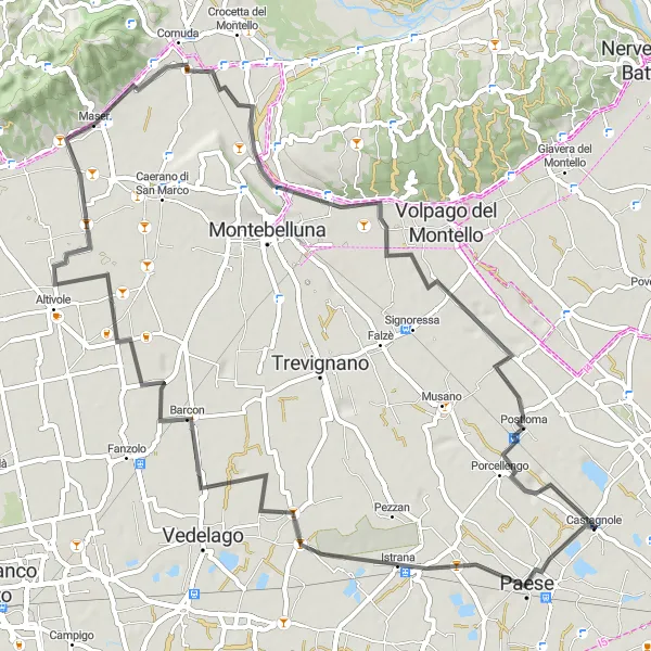 Miniaturní mapa "Cyklistická trasa Fossalunga di Vedelago" inspirace pro cyklisty v oblasti Veneto, Italy. Vytvořeno pomocí plánovače tras Tarmacs.app