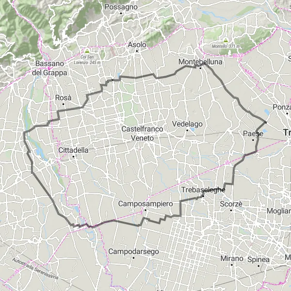 Miniatua del mapa de inspiración ciclista "Ruta a través de Santa Cristina, Fossalta, San Giorgio delle Pertiche, Piazzola sul Brenta y Musano" en Veneto, Italy. Generado por Tarmacs.app planificador de rutas ciclistas