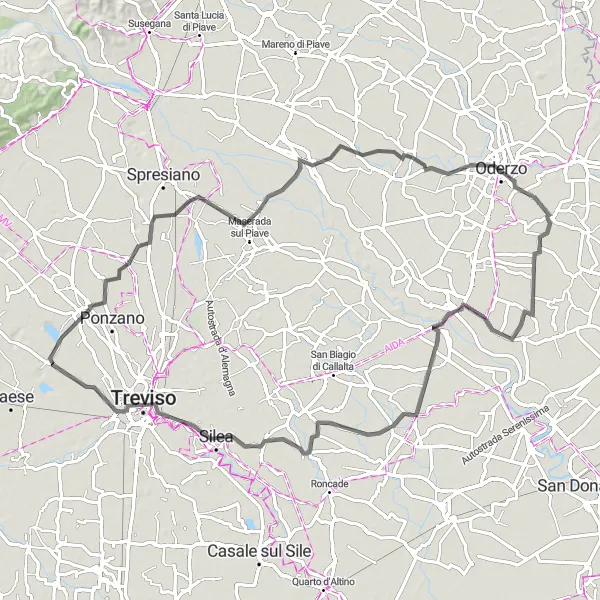 Mapa miniatúra "Výlet Lovadina, Oderzo, Salgareda, Silea a Monigo" cyklistická inšpirácia v Veneto, Italy. Vygenerované cyklistickým plánovačom trás Tarmacs.app