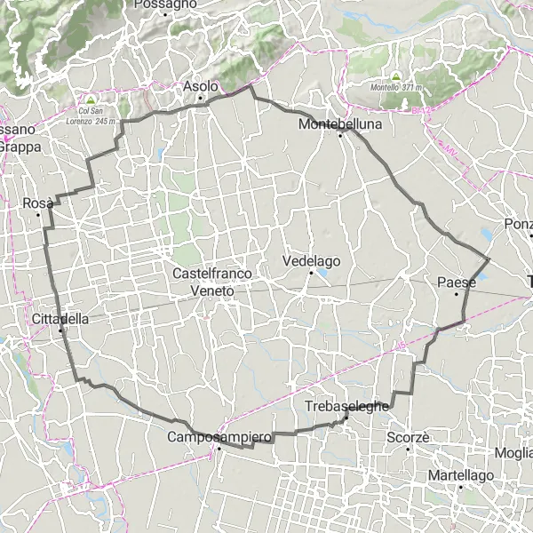 Miniaturní mapa "Okruh kolem Castagnole" inspirace pro cyklisty v oblasti Veneto, Italy. Vytvořeno pomocí plánovače tras Tarmacs.app
