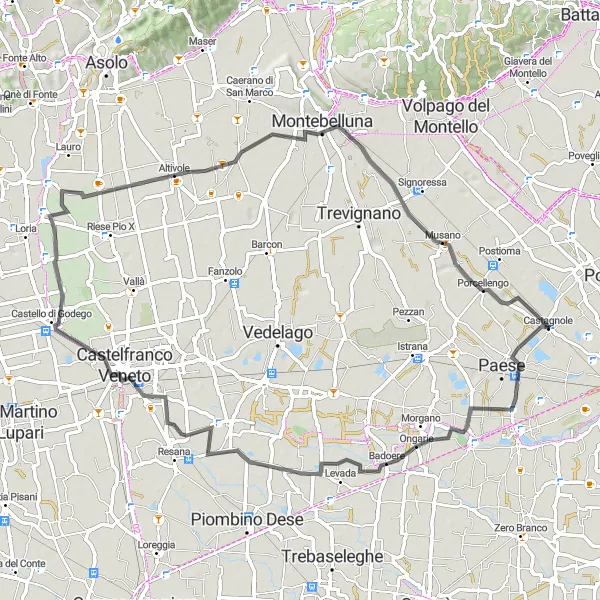 Miniatua del mapa de inspiración ciclista "Ruta a través de Badoere, Castelfranco Veneto, Altivole y Musano" en Veneto, Italy. Generado por Tarmacs.app planificador de rutas ciclistas
