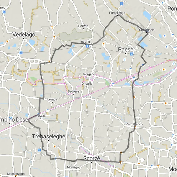 Mapa miniatúra "Okruhová cyklistická trasa okolo Castagnole" cyklistická inšpirácia v Veneto, Italy. Vygenerované cyklistickým plánovačom trás Tarmacs.app