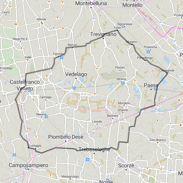 Zemljevid v pomanjšavi "Kolesarska tura med Santa Cristino in Musanom" kolesarske inspiracije v Veneto, Italy. Generirano z načrtovalcem kolesarskih poti Tarmacs.app