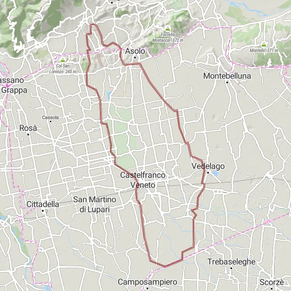Miniatua del mapa de inspiración ciclista "Ruta de Ciclismo de Grava hacia Castello di Godego" en Veneto, Italy. Generado por Tarmacs.app planificador de rutas ciclistas