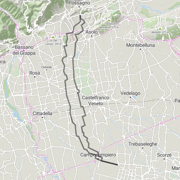 Miniatua del mapa de inspiración ciclista "Ruta en Carretera Castellaro" en Veneto, Italy. Generado por Tarmacs.app planificador de rutas ciclistas