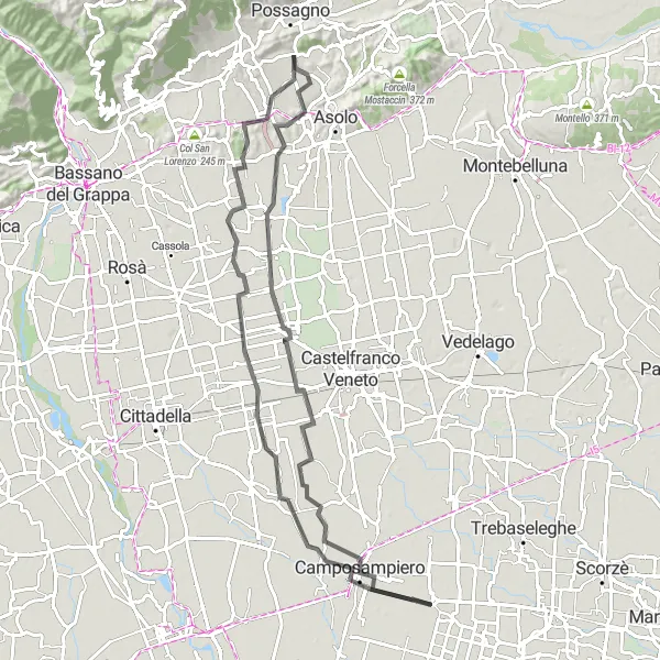 Miniatura della mappa di ispirazione al ciclismo "Giro in bicicletta tra Padova e Treviso" nella regione di Veneto, Italy. Generata da Tarmacs.app, pianificatore di rotte ciclistiche