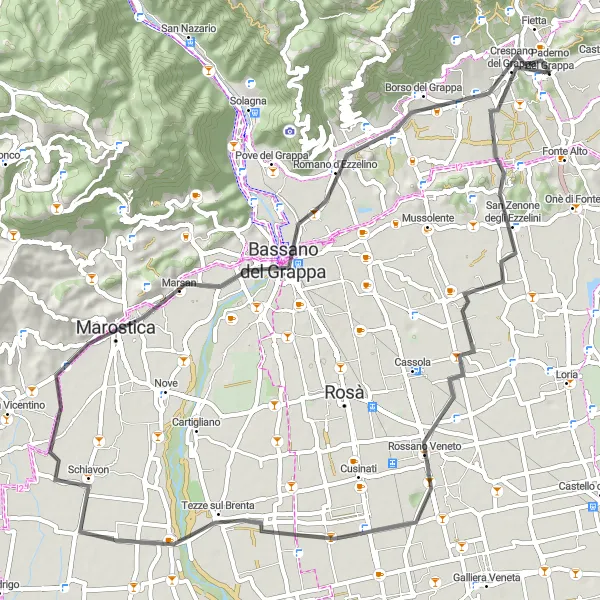 Map miniature of "Scenic Road Ride" cycling inspiration in Veneto, Italy. Generated by Tarmacs.app cycling route planner