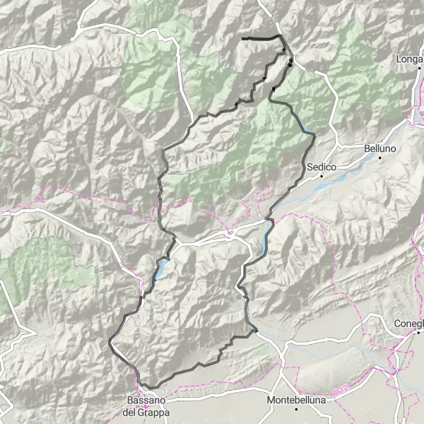 Miniatua del mapa de inspiración ciclista "Ruta de 200 km por carretera cerca de Castelcucco" en Veneto, Italy. Generado por Tarmacs.app planificador de rutas ciclistas
