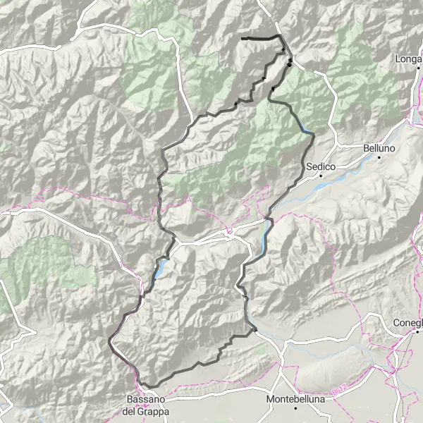 Miniatura della mappa di ispirazione al ciclismo "Giro in bici Castelcucco - Monte Castelìr e dintorni" nella regione di Veneto, Italy. Generata da Tarmacs.app, pianificatore di rotte ciclistiche