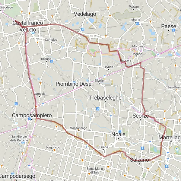 Zemljevid v pomanjšavi "Pustolovska gravel avantura" kolesarske inspiracije v Veneto, Italy. Generirano z načrtovalcem kolesarskih poti Tarmacs.app
