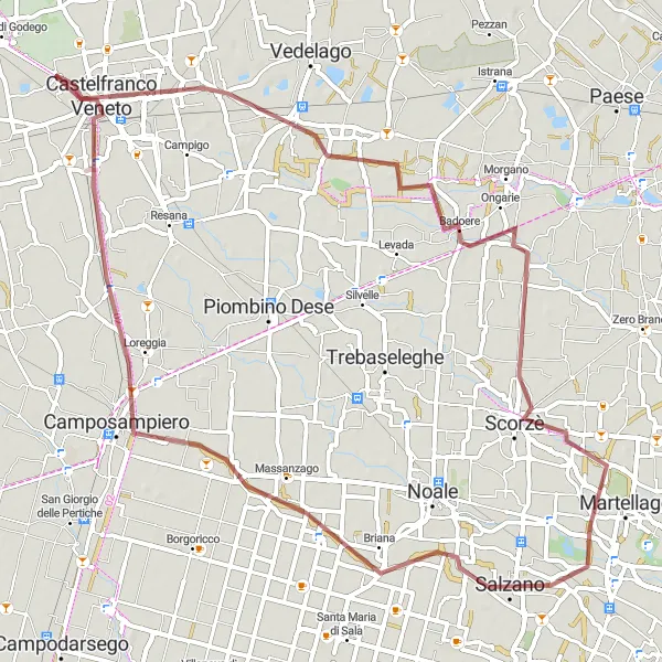 Map miniature of "Gravel Loop from Castelfranco Veneto" cycling inspiration in Veneto, Italy. Generated by Tarmacs.app cycling route planner