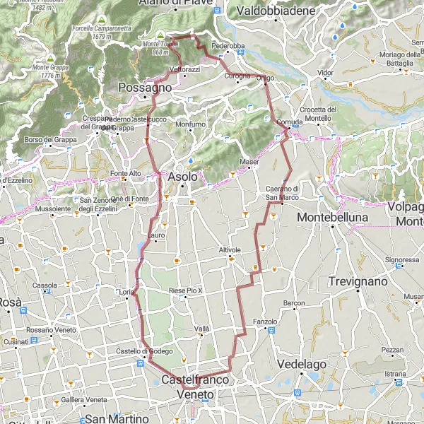 Miniatura della mappa di ispirazione al ciclismo "Giro delle Colline di Possagno" nella regione di Veneto, Italy. Generata da Tarmacs.app, pianificatore di rotte ciclistiche