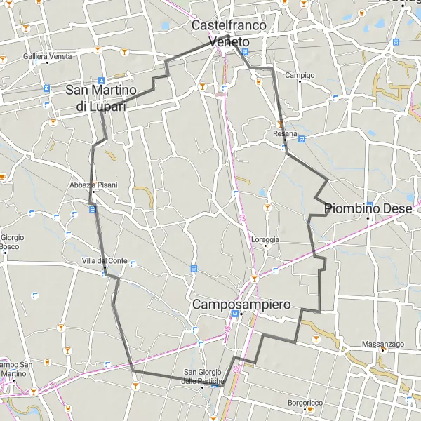 Miniatua del mapa de inspiración ciclista "Ruta de Castelfranco Veneto a San Martino di Lupari" en Veneto, Italy. Generado por Tarmacs.app planificador de rutas ciclistas