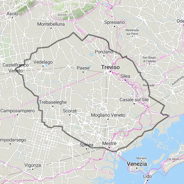 Zemljevid v pomanjšavi "Kolesarska pot okoli Castelfranco Veneto" kolesarske inspiracije v Veneto, Italy. Generirano z načrtovalcem kolesarskih poti Tarmacs.app