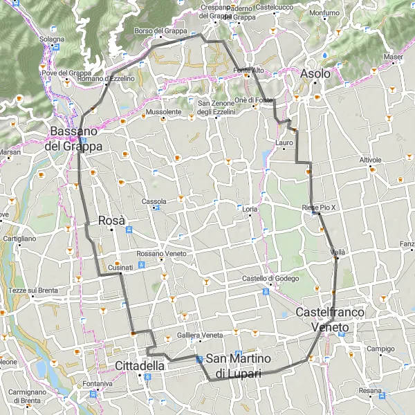 Miniatura della mappa di ispirazione al ciclismo "Tour delle Città Medievali" nella regione di Veneto, Italy. Generata da Tarmacs.app, pianificatore di rotte ciclistiche