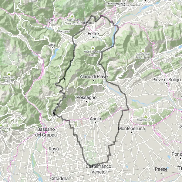 Mapa miniatúra "Náročná cestná cyklotrasa od Castello di Godego" cyklistická inšpirácia v Veneto, Italy. Vygenerované cyklistickým plánovačom trás Tarmacs.app