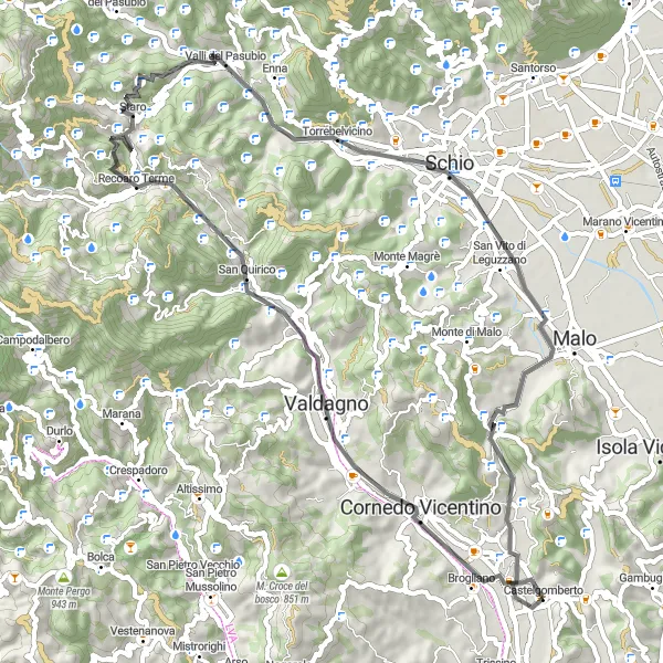 Miniaturní mapa "Cyklotrasa Monte Bregonza" inspirace pro cyklisty v oblasti Veneto, Italy. Vytvořeno pomocí plánovače tras Tarmacs.app