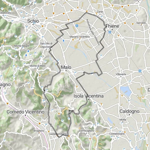 Miniatua del mapa de inspiración ciclista "Ruta de ciclismo de carretera corta desde Castelgomberto" en Veneto, Italy. Generado por Tarmacs.app planificador de rutas ciclistas