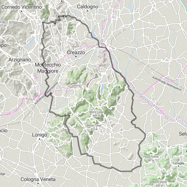 Miniatua del mapa de inspiración ciclista "Ruta de ciclismo de carretera alrededor de Castelgomberto" en Veneto, Italy. Generado por Tarmacs.app planificador de rutas ciclistas