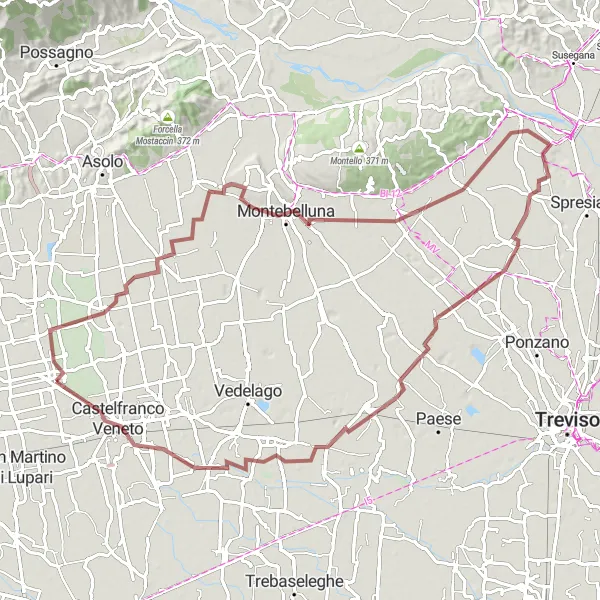 Karttaminiaatyyri "Vuoriston ympäri kierros" pyöräilyinspiraatiosta alueella Veneto, Italy. Luotu Tarmacs.app pyöräilyreittisuunnittelijalla
