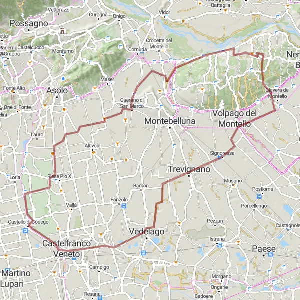Kartminiatyr av "Giavera del Montello Utforsking" sykkelinspirasjon i Veneto, Italy. Generert av Tarmacs.app sykkelrutoplanlegger