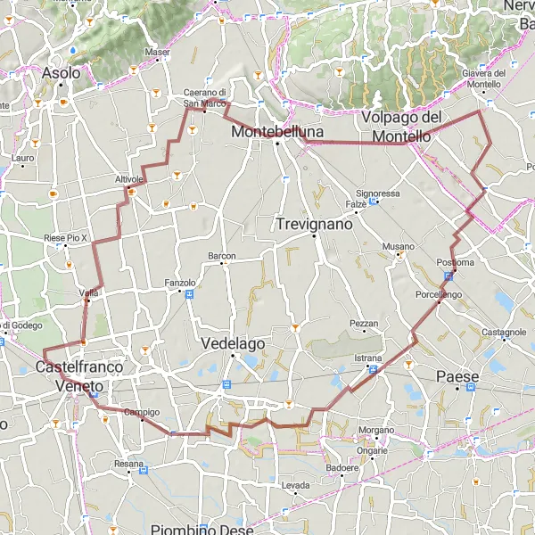 Miniaturní mapa "Gravelový okruh Altivole - Volpago del Montello - Istrana - Castelfranco Veneto" inspirace pro cyklisty v oblasti Veneto, Italy. Vytvořeno pomocí plánovače tras Tarmacs.app