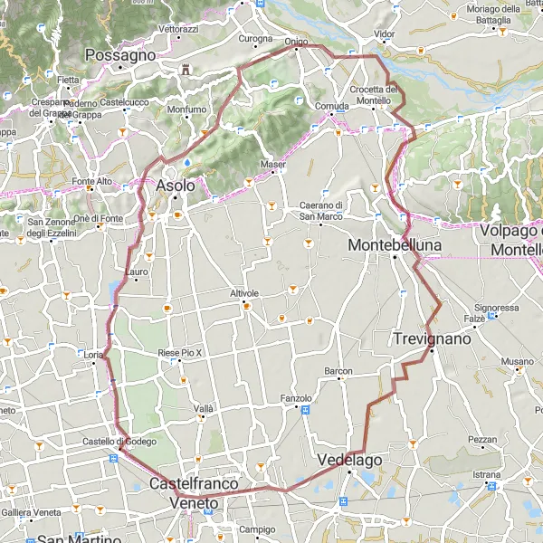 Miniature de la carte de l'inspiration cycliste "Parcours tout-terrain de Loria à Castelfranco Veneto" dans la Veneto, Italy. Générée par le planificateur d'itinéraire cycliste Tarmacs.app