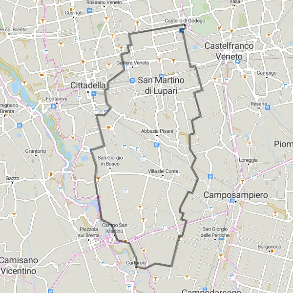 Mapa miniatúra "Cyklotúra cez vinohrady Veneta" cyklistická inšpirácia v Veneto, Italy. Vygenerované cyklistickým plánovačom trás Tarmacs.app