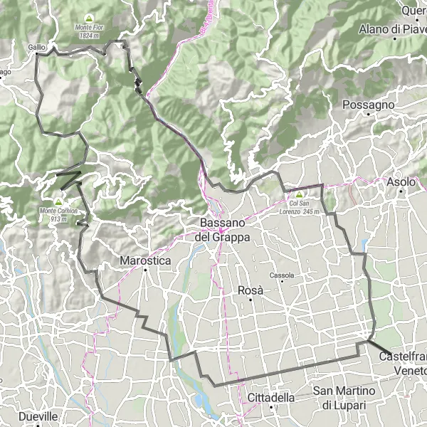 Miniaturní mapa "Okruh Santa Caterina di Lusiana - La Montagnola - Gallio - Pove del Grappa - La Rocca - Castello di Godego" inspirace pro cyklisty v oblasti Veneto, Italy. Vytvořeno pomocí plánovače tras Tarmacs.app