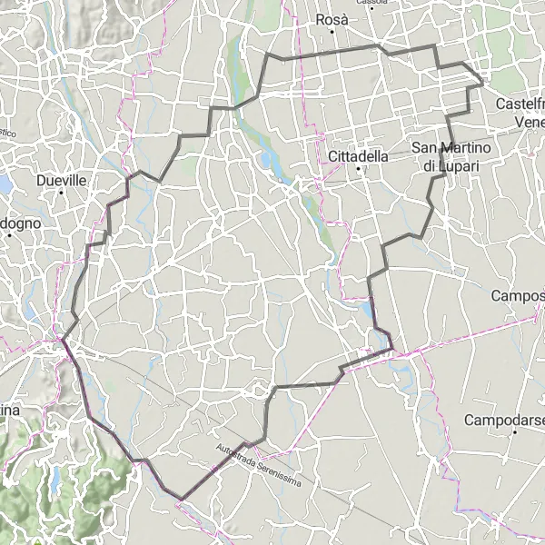 Zemljevid v pomanjšavi "Pot okoli Vicenze" kolesarske inspiracije v Veneto, Italy. Generirano z načrtovalcem kolesarskih poti Tarmacs.app