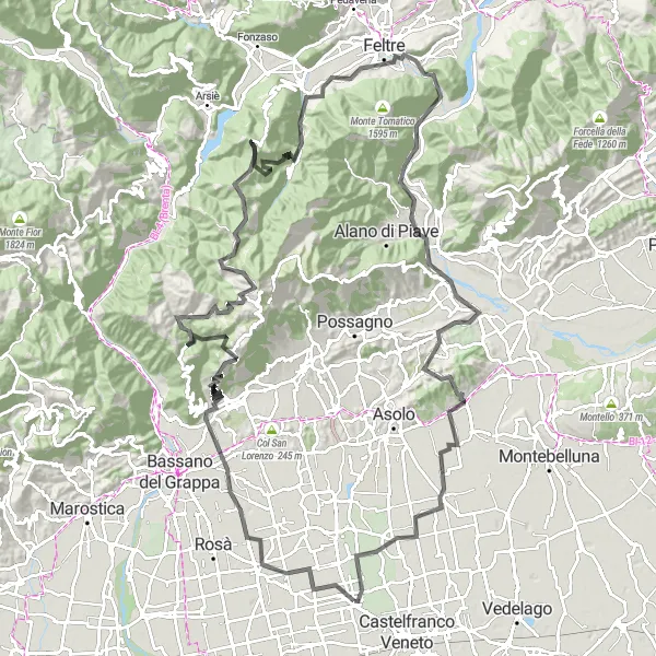 Miniatua del mapa de inspiración ciclista "Desafío en Monte Grappa y Feltre" en Veneto, Italy. Generado por Tarmacs.app planificador de rutas ciclistas